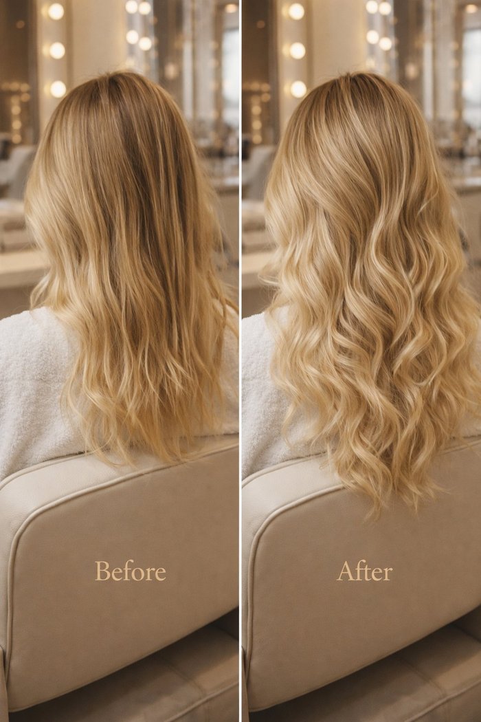 Balayage biondo miele realizzato da Bettini Blonde Milano, prima e dopo