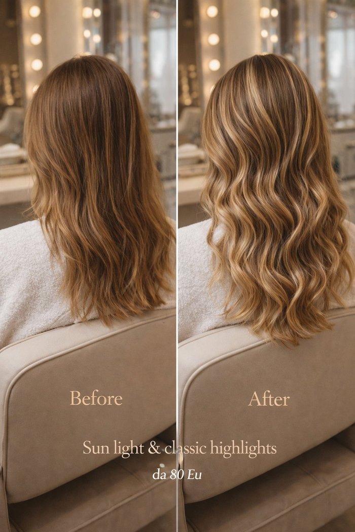 Schiariture Sun Light su capelli biondi — prima e dopo, Bettini Blonde Milano